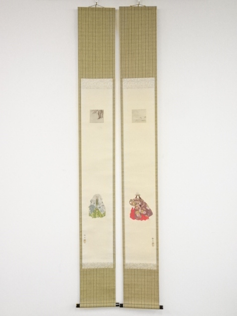 JAPANESE HANGING SCROLL SET OF 2 / HAND PAINTED / NOH ACTORS (1936)
